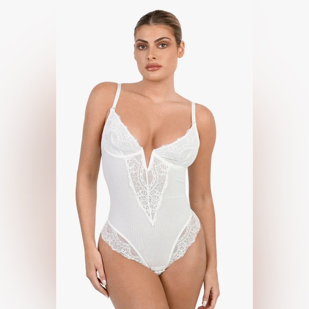 Popilush White Lace Bodysuit Shapewear Deep V-Neck Sculpting Thong Bodysuit